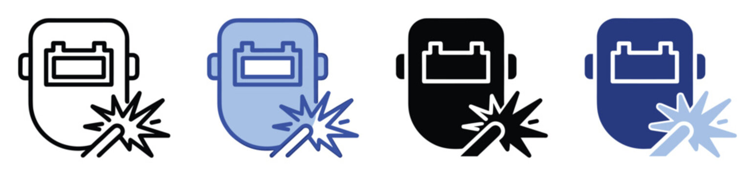 Set of welding helmet with sparks icons for industrial safety and metalwork projects