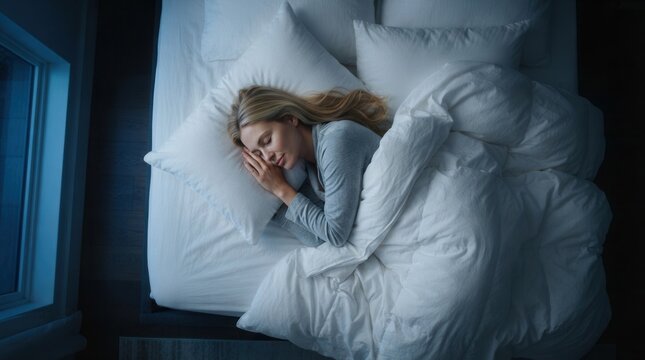 Above view of a woman sleeping in bed at night