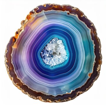 Abstract banded chalcedony slice with crystalline center, vibrant blues, purples, oranges