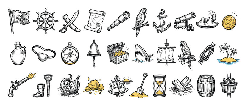 Set of pirate adventure and nautical journey graphic icons for themed projects and assets