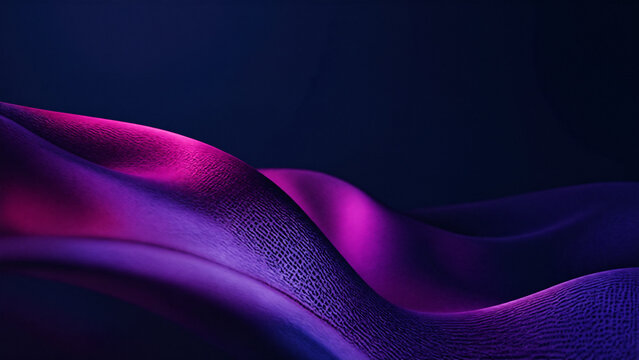 Abstract 3D rendering of wavy purple fabric texture with neon pink lighting on dark background. Elegant futuristic digital wallpaper for luxury branding and technology concept.