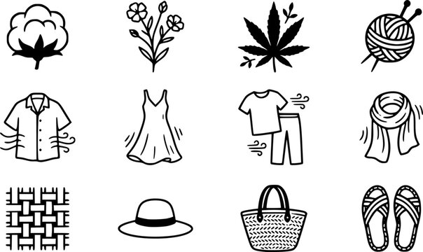 Set of performance fabric icons showing moisture-wicking and breathability for sportswear. Includes technical textile symbols and a runner silhouette.
