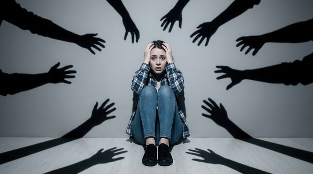 Scared woman sitting near wall with shadows of hands symbolizing fear, anxiety, and paranoid delusion.