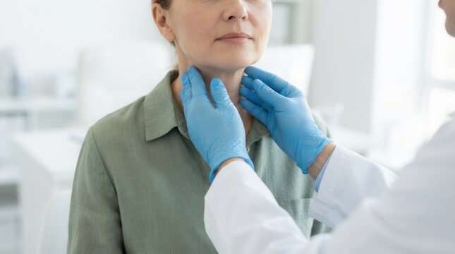 Endocrinologist examining thyroid gland of patient indoors, closeup