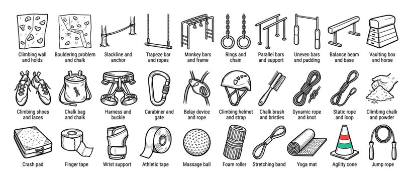 Set of sport fitness training equipment vector icons for climbing gym workout