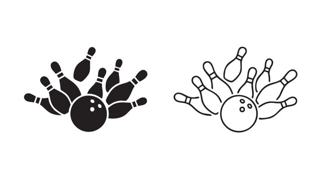 bowling pins and ball strike black silhouette and outline art vector icon