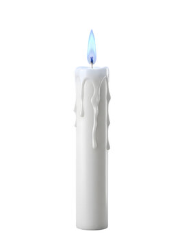 Realistic white candle with melting wax and blue flame 