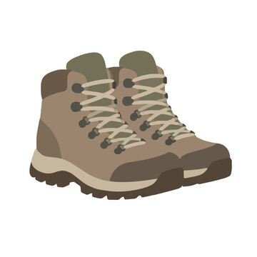 A pair of sturdy brown and green hiking boots with laces and thick soles, shown in a detailed flat vector illustration style suitable for outdoor adventure themes on a white background.