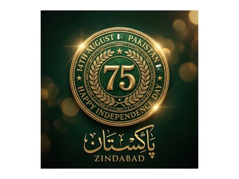 75th pakistan independence day celebration badge with gold emblem and urdu calligraphy on dark green background