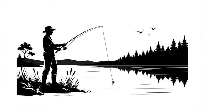 Black and White Silhouette of a Fisherman with Fishing Rod by the Lake with Forest and Birds