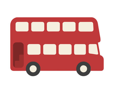 A vibrant red double decker bus depicted in a simple flat vector illustration style featuring two rows of cream colored windows and black wheels isolated on a white background for transport design
