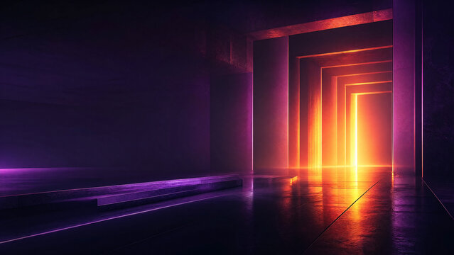 Futuristic Sci-Fi Corridor with Glowing Neon Orange and Purple Lights, Abstract High-Tech Background for Gaming and Tech Presentation