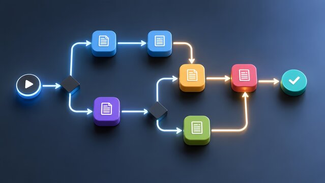 Business process workflow diagram with glowing colorful 3D file icons representing task automation system procedure and project management flowchart