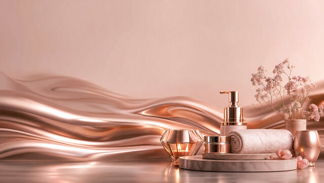 Elegant skincare product display on a marble pedestal with soft rose gold satin fabric background, featuring a candle and flowers, ideal for luxury beauty advertising, spa branding, and cosmetic