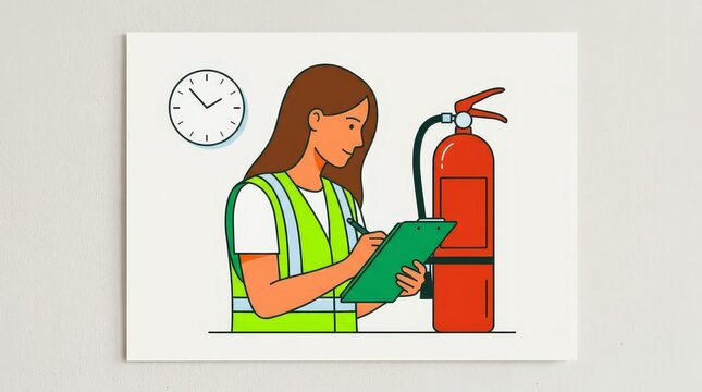 Professional Female Safety Officer Inspecting Fire Extinguisher Illustration