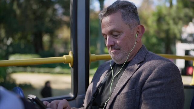 Mature businessman listening music on bus