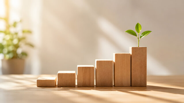Seedling growing on rising wooden bars represents sustainable startup growth investment progress strategic milestones and future prosperity.