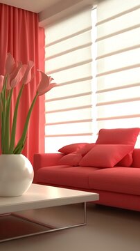 Roman blinds in modern living room. Red sofa interior with soft window light.