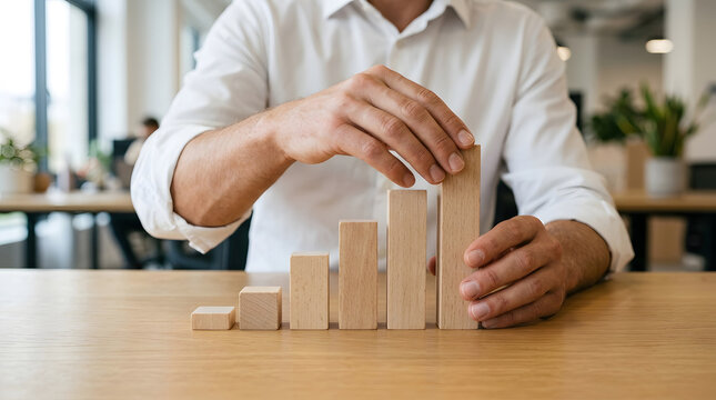 Man arranging ascending wooden blocks represents business progress strategic planning measurable milestones and steady company development.