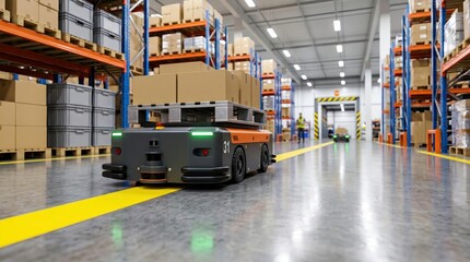 Obraz premium Autonomous Mobile Robot AMR transporting palletized goods in smart e-commerce fulfillment center warehouse.