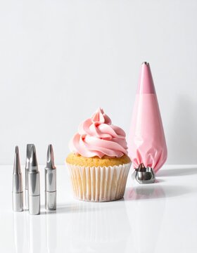 Pink frosted cupcake with piping bag and decorating tips
