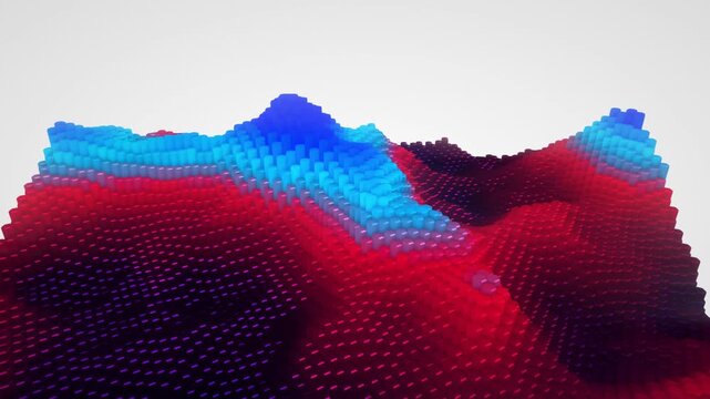 Close perspective of a 3D voxel terrain animated with red and blue gradient lights in a seamless data visualization loop with a tech aesthetic