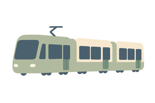 Clean flat vector illustration showing a modern multi car tram vehicle in beige and green colors with dark windows and a pantograph moving along smoothly on wheels