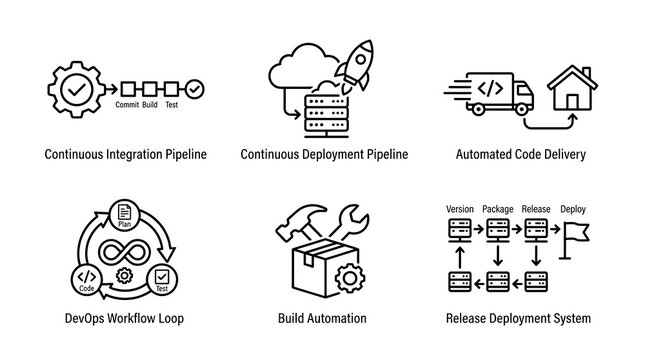 DevOps and Continuous Integration Pipeline Line Icon Set