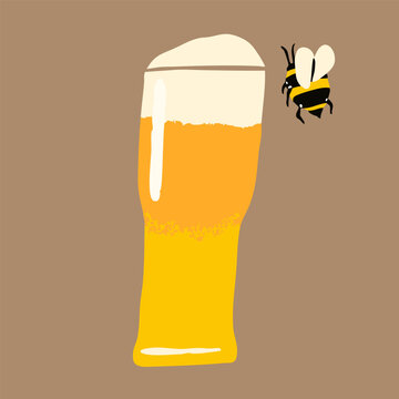 Beer foamy glass, fluffy bee. Pub, brewery, bar menu concept. Hand drawn trendy Vector illustration. Isolated design element. Logo, sticker template