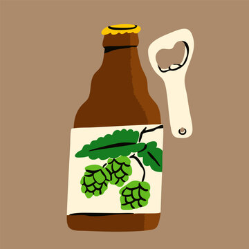 Beer bottle, bottle opener. Pub, brewery, bar menu concept. Hand drawn trendy Vector illustration. Isolated design element. Logo, sticker template