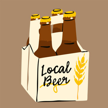 Pack of beer bottles. Local beer, pub, brewery, bar menu concept. Hand drawn trendy Vector illustration. Isolated design element. Logo, sticker template