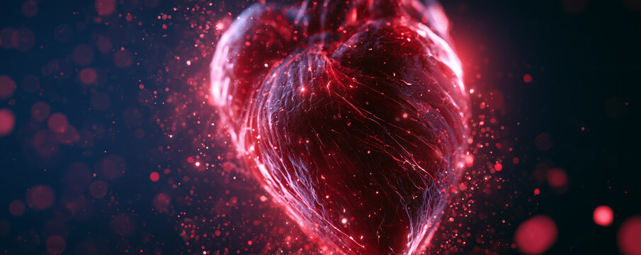 Heart bulge forms with layered light effects and soft glow indoors at night