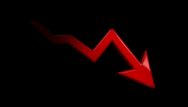 A glossy red arrow points downward, forming a jagged decline line against a solid black background.