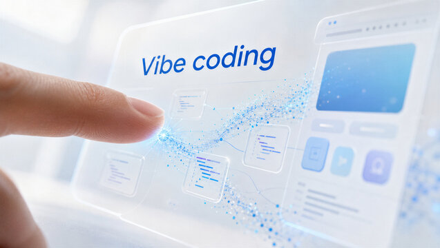 Developer finger tapping on virtual interface with vibe coding text. Digital screen displaying software development concept. Innovative technology for modern cloud computing and design.