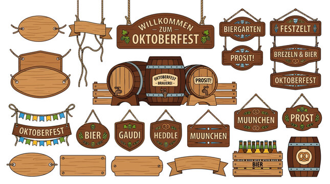 Oktoberfest wooden decorative elements and traditional German beer festival signage