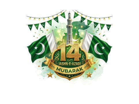 14 august jashneazadi mubarak pakistan independence day celebration with minarepakistan, national flags, and golden typography
