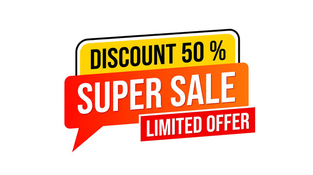 Bright promotional banner with bold text DISCOUNT 0% SUPER SALE LIMITED OFFER in vibrant yellow, orange, and red speech bubble shapes, isolated on transparent background, marketing, advertising