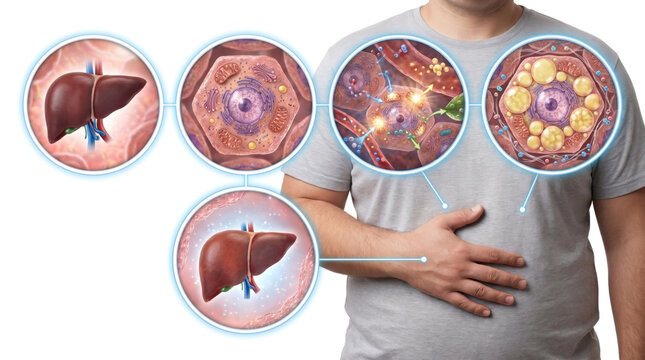 Fatty Liver Disease NAFLD NASH, Medical illustration showing liver disease progression from healthy liver to steatosis inflammation and cirrhosis