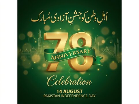 78th anniversary pakistan independence day celebration with golden numbers and urdu calligraphy on green background