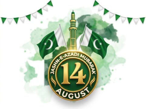 14 august jashneazadi mubarak pakistan independence day emblem with minarepakistan and national flags