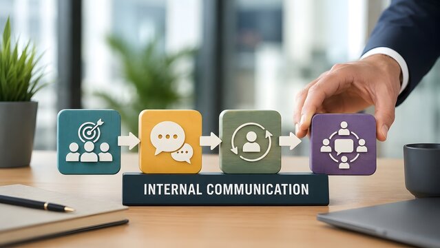 Hand assembling colorful blocks with teamwork icons on a base reading internal communication in a modern corporate workspace with a laptop.