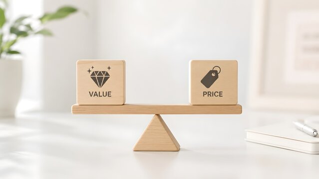 Wooden seesaw scale balancing value and price blocks demonstrating cost benefit analysis and competitive advantage on a clean office desk.