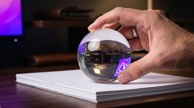 Human Hand Lifting a Clear Crystal Glass Paperweight Ball from a Wooden Office Desk