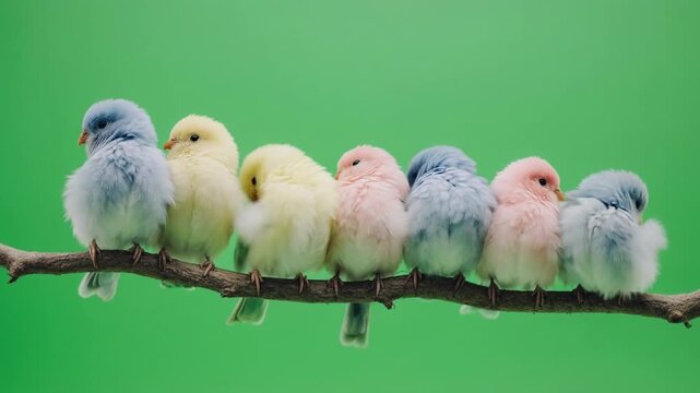 Flock of pastel colored lovebirds perched in a row on a branch against a vibrant green background