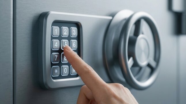 Banner design featuring a closeup of a woman using an electronic lock to open a steel safe.