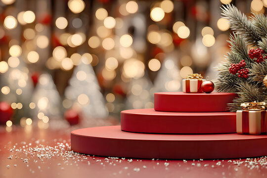 Tiered red circular podiums display small wrapped gifts and Christmas ornaments alongside pine branches with berries against a dazzling background of golden bokeh lights and snow