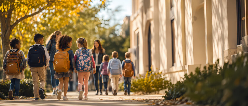 Group of young children walking to school together as friends on their first day, back-to-school concept