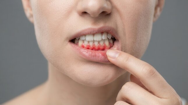 Woman pointing to inflamed gum in a closeup shot against a grey background