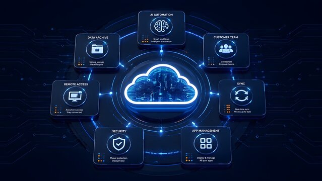 Comprehensive cloud computing platform diagram with connected digital service icons for data archive security and automation