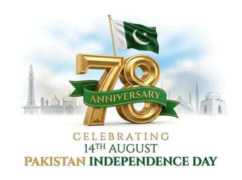 78th anniversary of pakistan independence day 14th august celebration design with national flag and landmarks isolated on white background